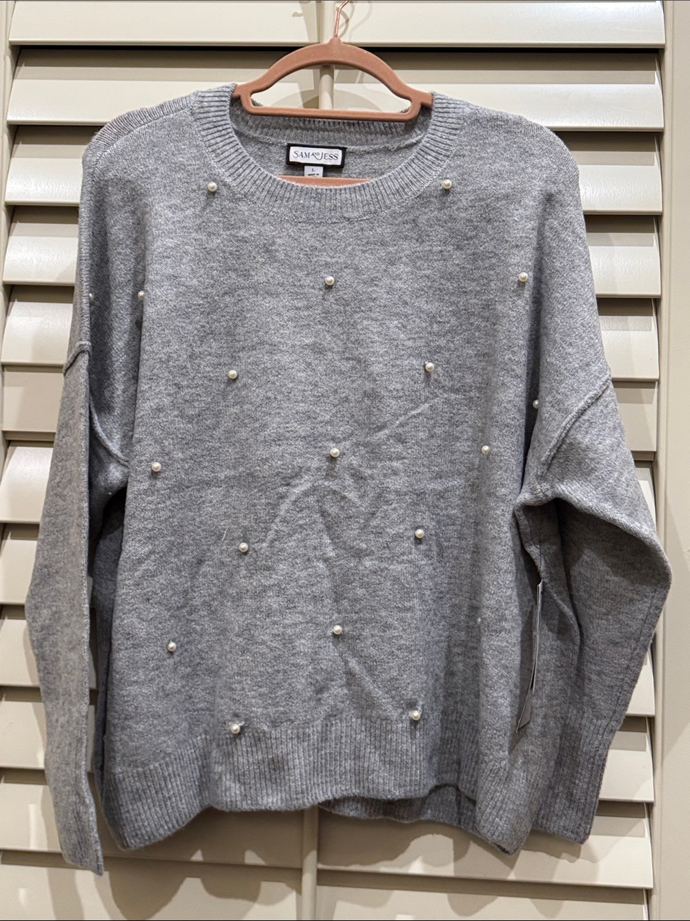 Sam and Jess Grey Pearl-Accent Crewneck Sweater